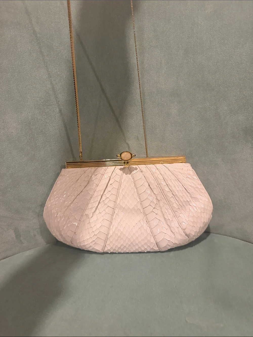 Judith Leiber Cream Python-Texture Pleated Clutch with Gold Frame